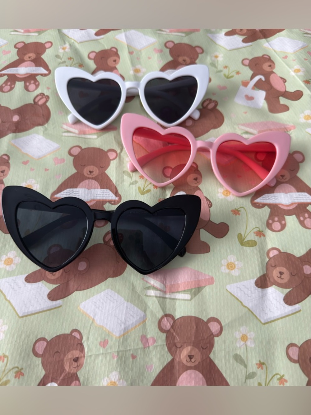 3 Pairs of Heart Shaped Plastic Sunglasses in Black, White and Pink